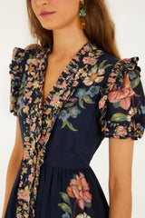 Dark Blue Maira Floral Short Sleeve Maxi Dress