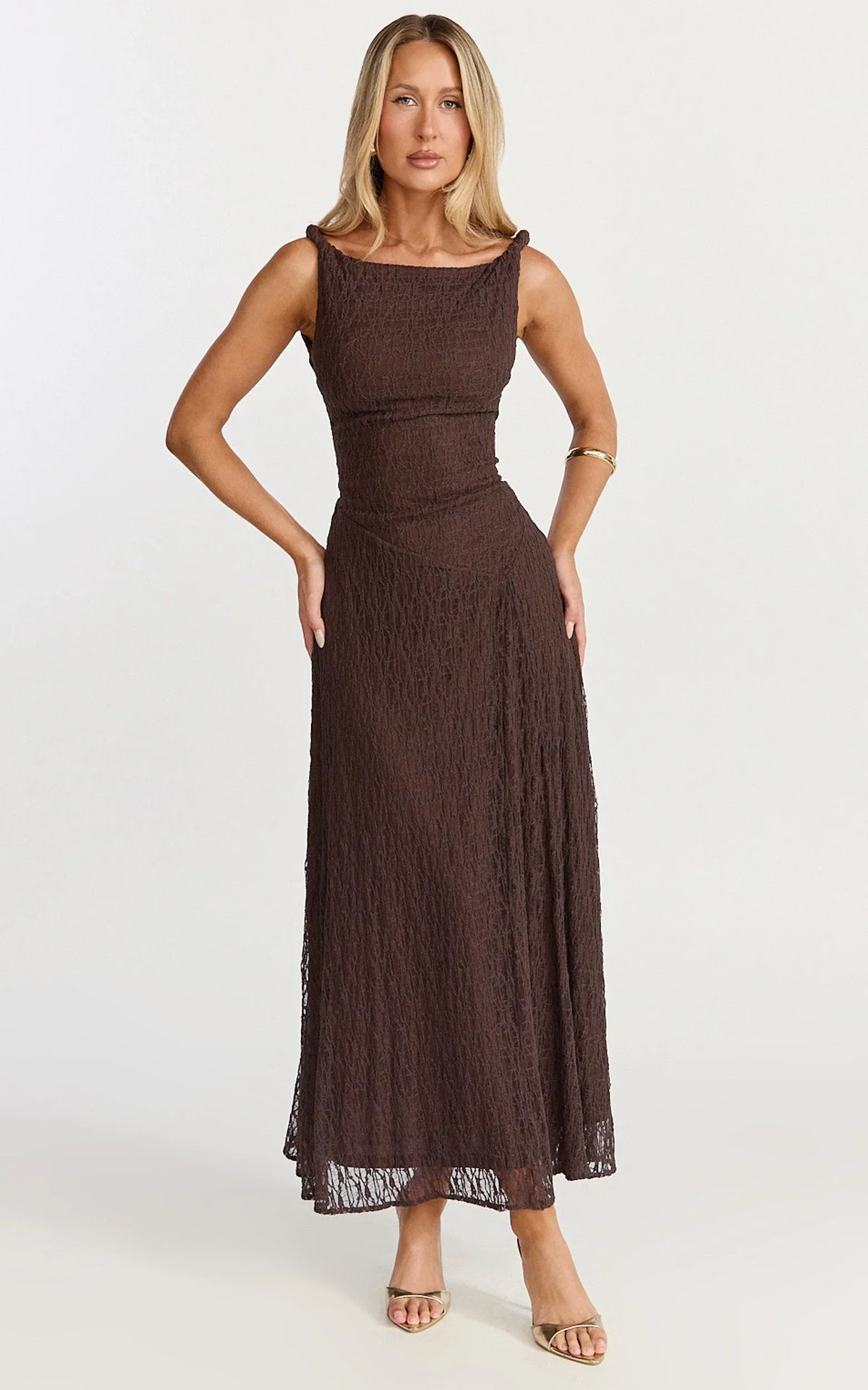 Abby Midi Dress - High Neck Asym Detail Dress in Chocolate